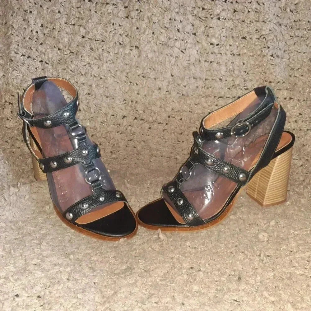 L'INTERVALLE-Bondage Style-Harness/Studs-Black Leather-Sandals-Sz 40-NWOB